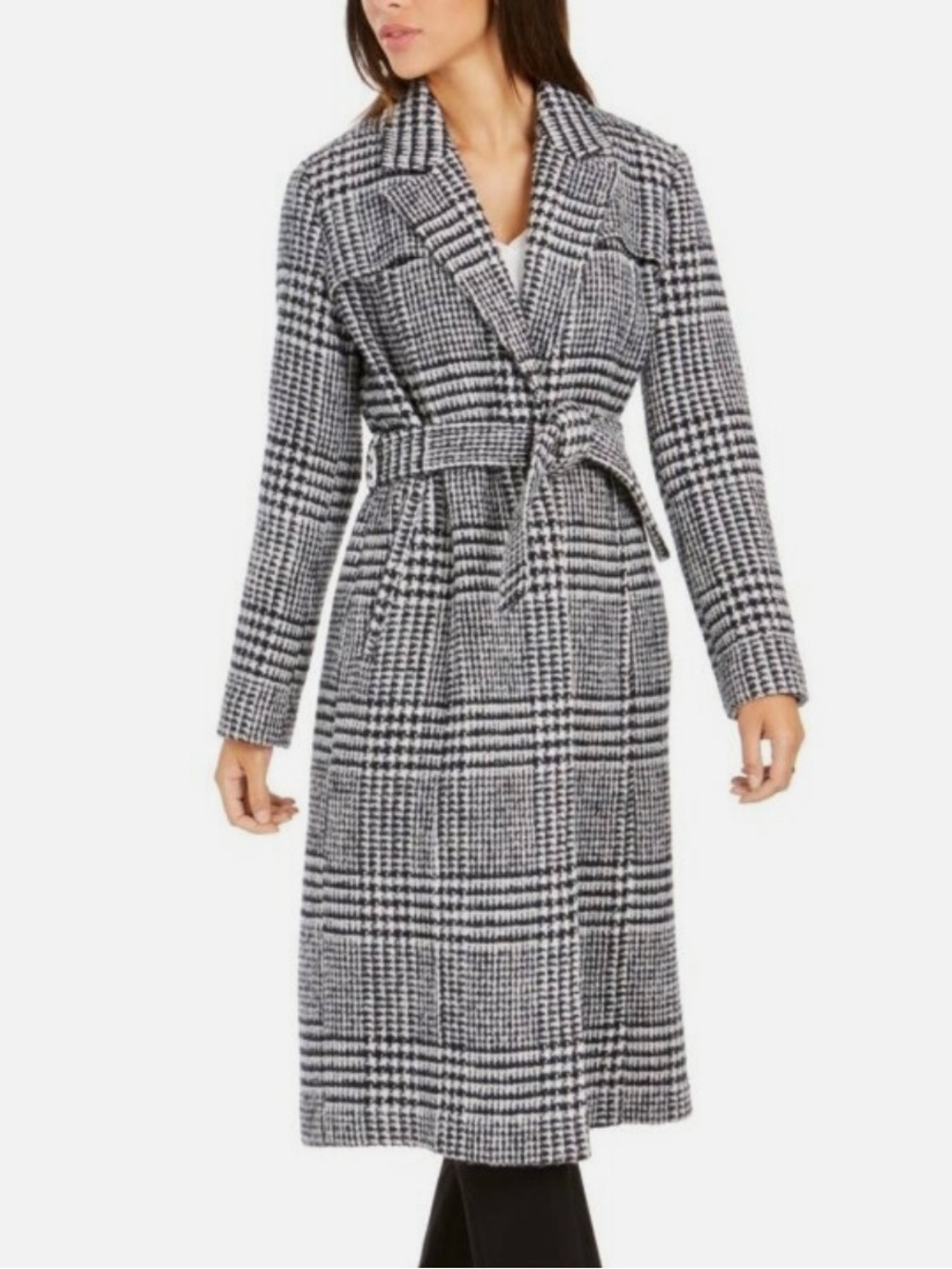 Cole Haan Black and White Plaid Belted Long Coat